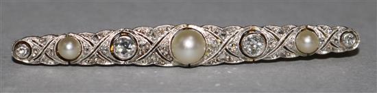 A split pearl and diamond bar brooch, white and yellow metal settings (tests as 18ct white gold and platinum), 52mm.